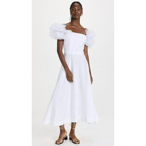 NEW Fanm Mon Giamba White Dress Embroidered Hem Tulle Puff Sleeve XXS